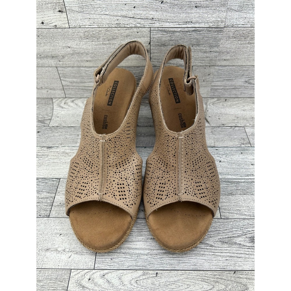 Clarks Petrina Selma Taupe Perforated Leather Espadrille Wedge Women Sz 8M